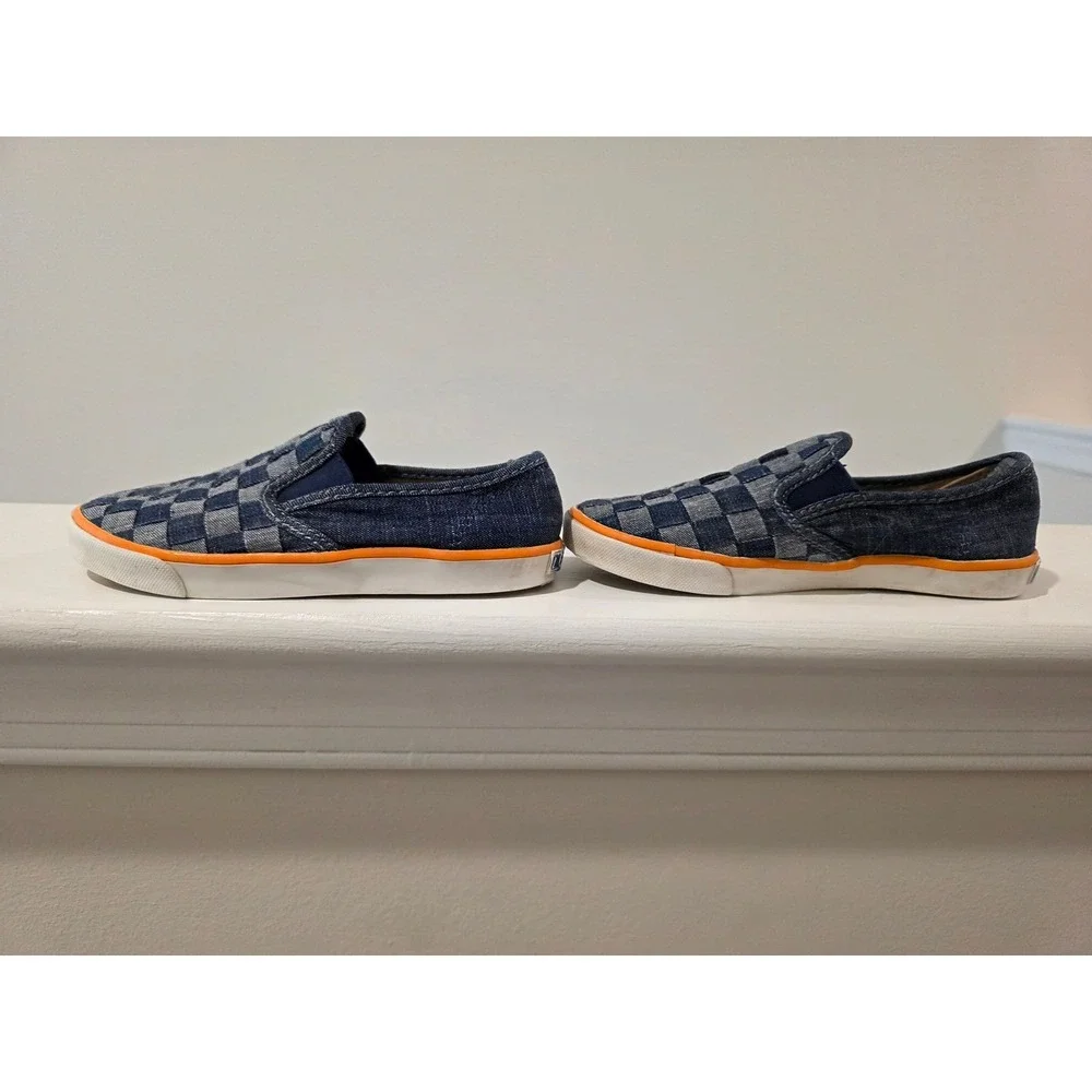 Kid's sz 11 Old Navy Blue Denim Checkerboard Slip On Sneakers Orange Trim Summer